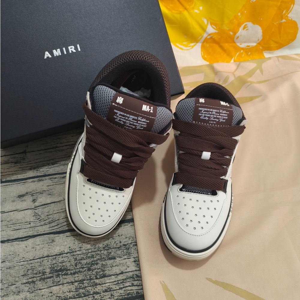 AMIRI White Sneakers with Brown Accents and Star Perforation
